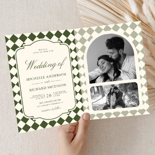 Old Money Ivory Olive Green Chequered Wedding Invitation