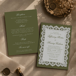 Old Money Lace Doily Olive Green Wedding Invitation