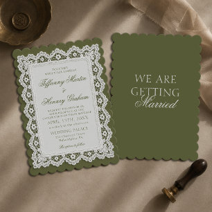Old Money Lace Doily Olive Green Wedding Invitation
