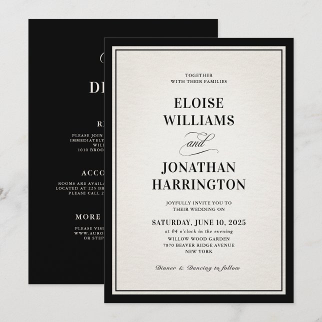 Old Money Modern Formal Black Chic Luxury Wedding  Invitation (Front/Back)