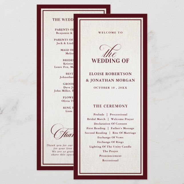 Old Money Modern Formal Burgundy Luxury Wedding Program (Front/Back)