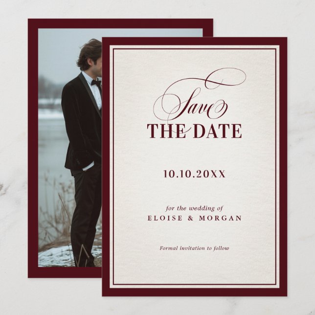 Old Money Modern Formal Burgundy Luxury Wedding Save The Date (Front/Back)