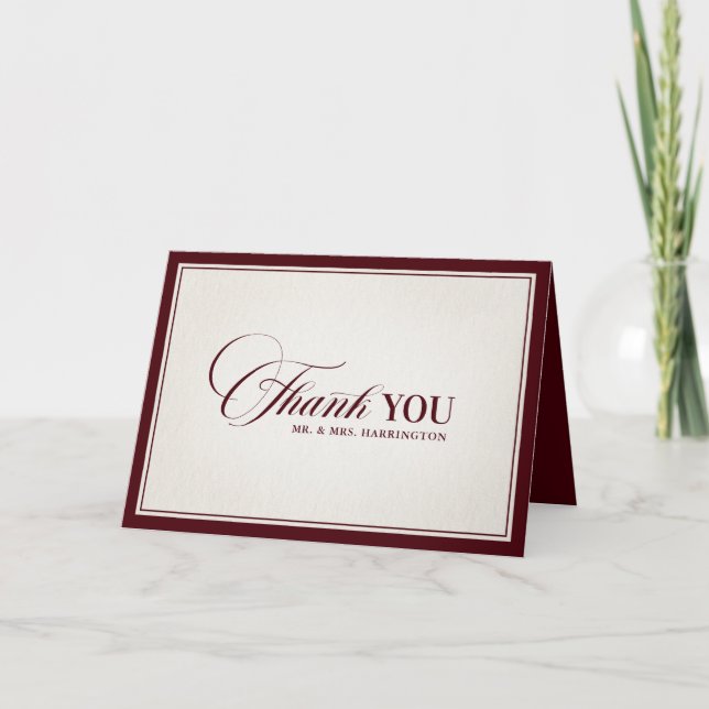 Old Money Modern Formal Burgundy Luxury Wedding Thank You Card (Front)