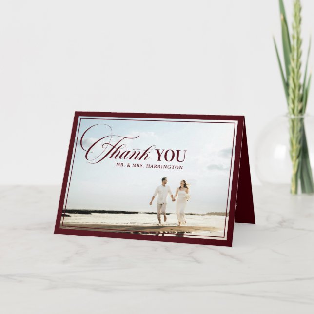 Old Money Modern Formal Burgundy Photo Wedding Thank You Card (Front)