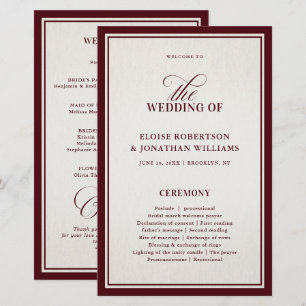 Old Money Modern Formal Burgundy Wedding Program