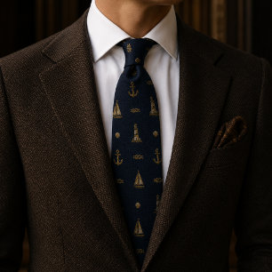 Old Money Nautical Lighthouse Sailboat Navy Tie