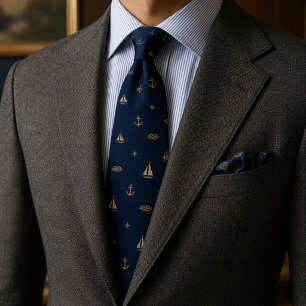 Old Money Nautical Sailboat Anchor Herringbone Tie