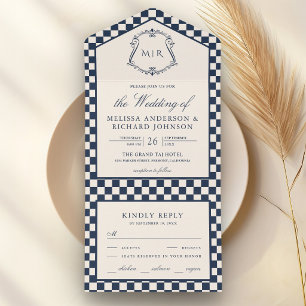 Old Money Navy Blue Chequered Monogram Wedding All In One Invitation