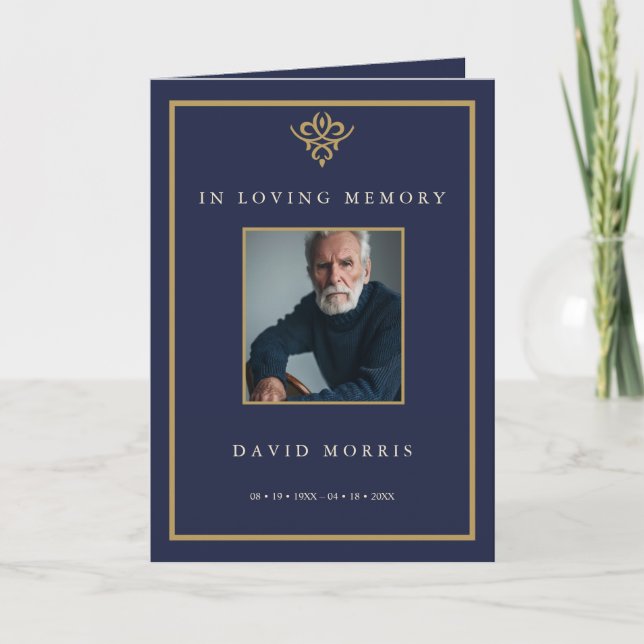 Old Money Navy Blue Photo Memorial Funeral Program (Front)