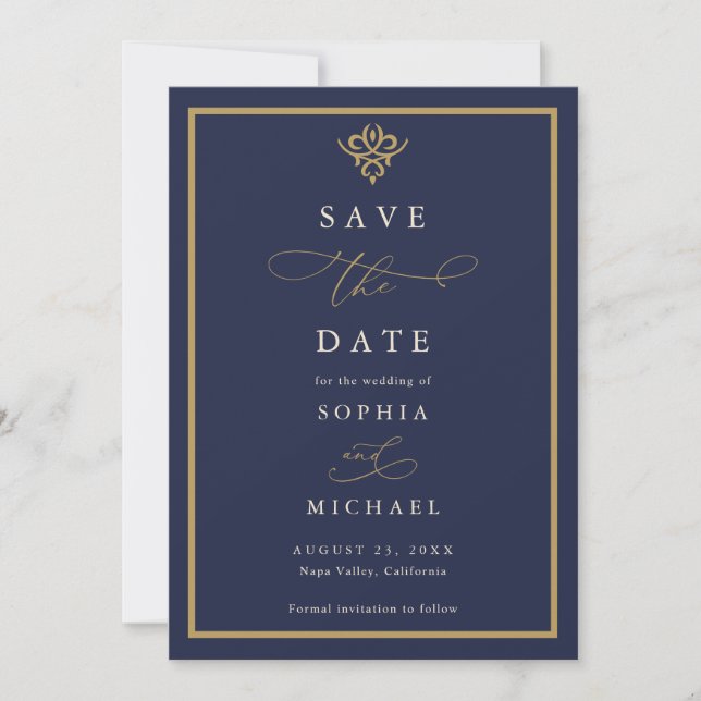 Old Money Navy Blue Save The Date Invitation (Front)