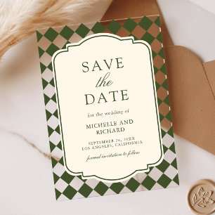 Old Money Olive Chequered Wedding Save the Date Acrylic Invitations