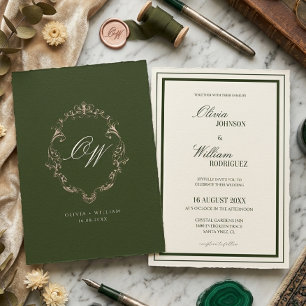 Old Money Olive Green Elegant Monogram Wedding Invitation