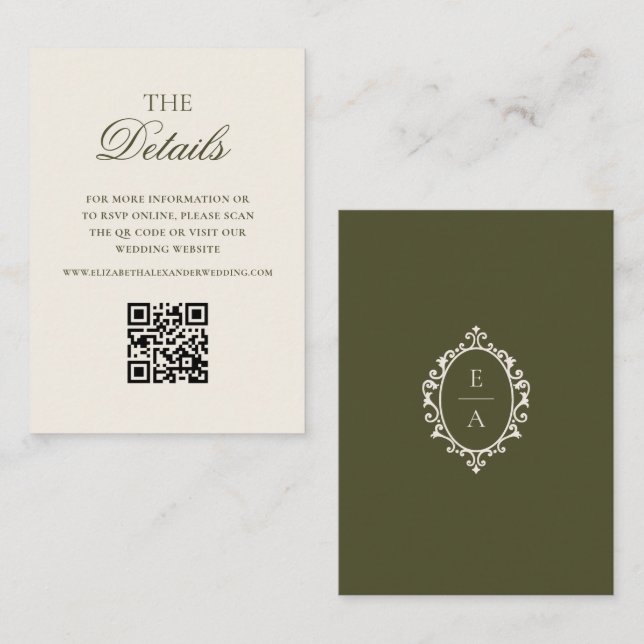 Old Money Oval Crest Green Wedding Details QR Code Enclosure Card (Front/Back)