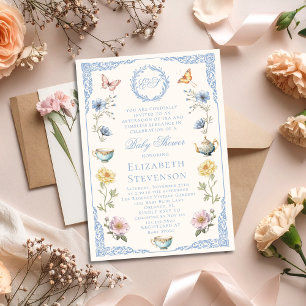 Old Money Regency Floral Tea Party Boy Baby Shower Invitation