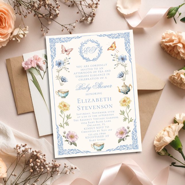 Old Money Regency Floral Tea Party Boy Baby Shower Invitation (Creator Uploaded)