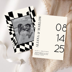 Old Money Retro Black and white chequered wedding Invitation