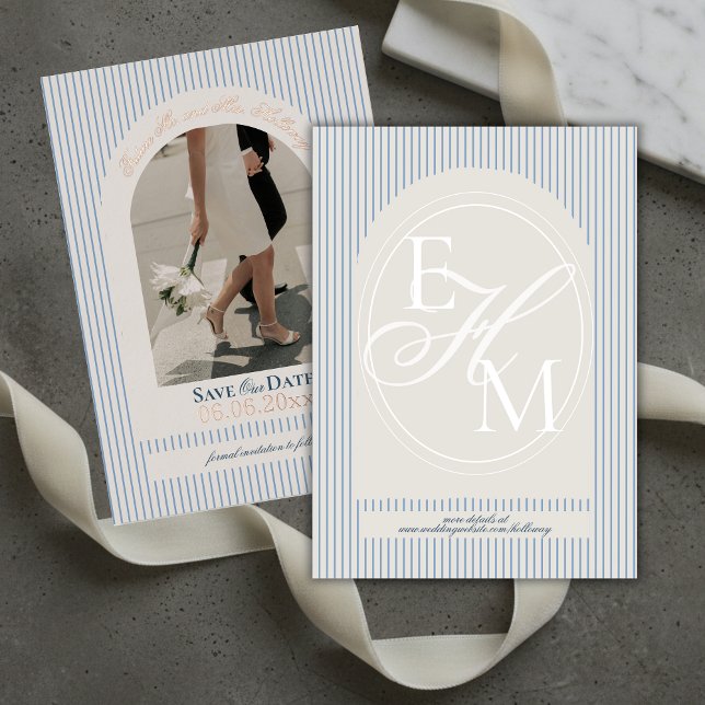 Old Money Script Blue Stripe Photo Save the Date (Old Money Script Blue Stripe Photo Save the Date Foil Invitation)