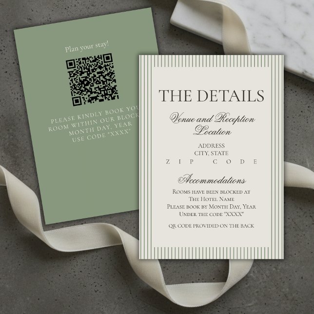 Old Money Script Green Stripe Wedding Details Enclosure Card (Old Money Script Green Stripe Wedding Details Enclosure Card)