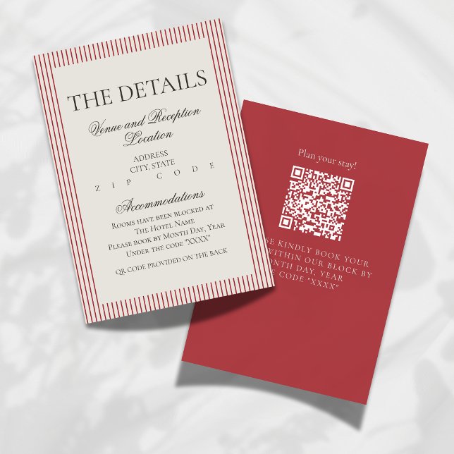 Old Money Script Red Stripe Wedding Details Enclosure Card (Formally invite guests to your big day with this Old Money Script Thin Stripe Wedding Details Card!)