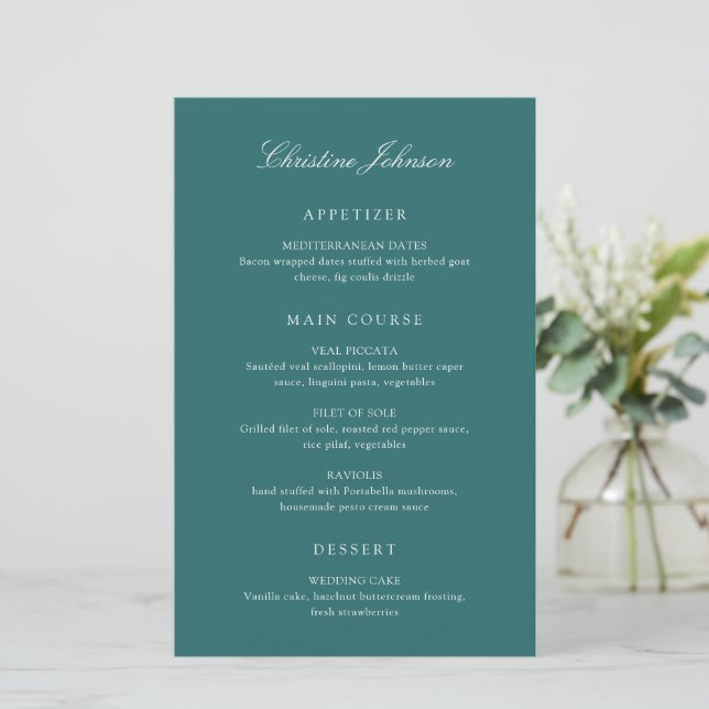 Old Money Teal Classic Guest Name Wedding Menu (Standing Front)