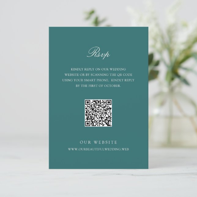 Old Money Teal Classic QR Code Wedding RSVP Card (Standing Front)