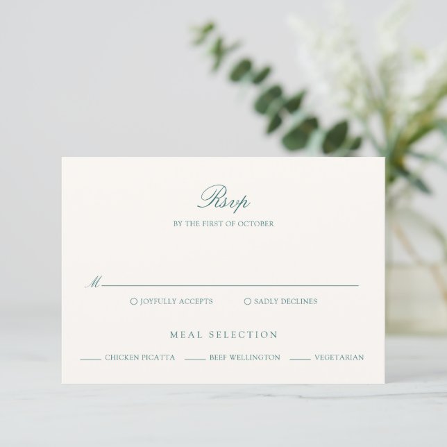 Old Money Teal Classic Wedding RSVP Card (Standing Front)