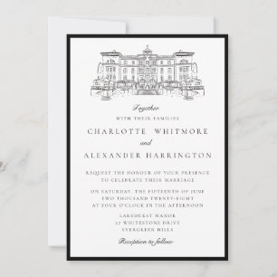 Old Money Venue Illustration Black Border Wedding Invitation