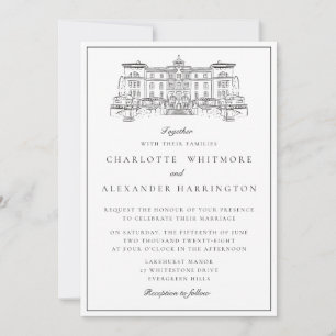 Old Money Venue Illustration Fine Border Wedding Invitation