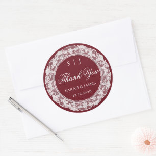 Old Money Wedding Burgundy White Lace Thank you Classic Round Sticker
