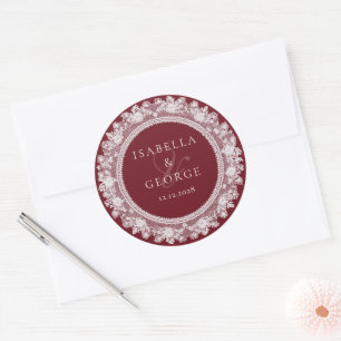 Old Money Wedding Burgundy White Lace Thank you Classic Round Sticker