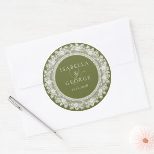 Old Money Wedding Olive Green White Lace Thank you Classic Round Sticker