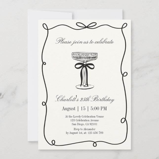 Old Money, Whimsical Hand drawn birthday  Invitation (Front)