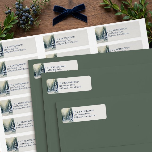Old Money Winter Pine Forest Return Address Label (Snowy Forest Address Labels from the Old Money Heritage Collection by Darling & May)