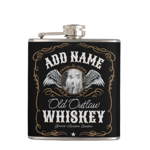  Old Moonshine Whiskey Label ADD PHOTO Family Name Hip Flask