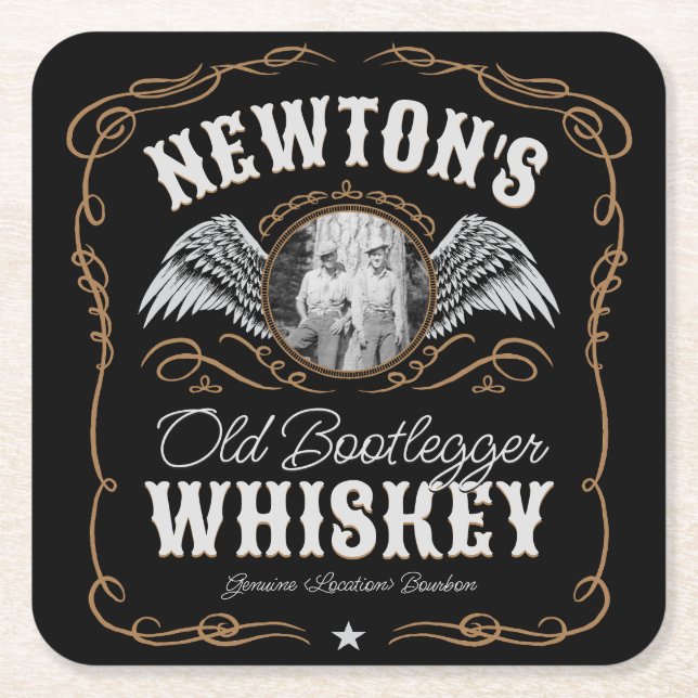  Old Moonshine Whiskey Label ADD PHOTO Family Name Square Paper Coaster (Front)