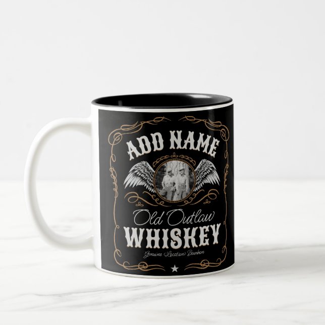  Old Moonshine Whiskey Label ADD PHOTO Family Name Two-Tone Coffee Mug (Left)