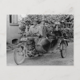 Old motorcycle with side car vintage  B&W photo Postcard