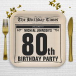 Old Newspaper Fun 80th Birthday Party Custom Paper Plate<br><div class="desc">Old Newspaper Fun 80th Birthday Party Custom Paper Plates. Celebrate in style with our Old Newspaper Vintage Party Theme. Featuring a front-page newsprint tabloid design, this invitation adds a touch of nostalgia to milestone birthdays. With humourous headlines and the option to include a custom photo, it guarantees a fun and...</div>