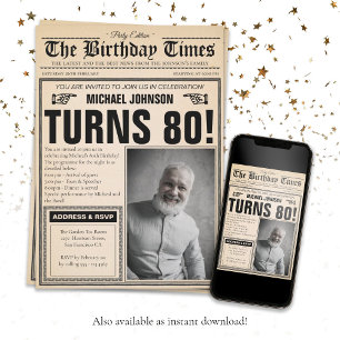 Old Newspaper Fun Custom Photo 80th Birthday Party Invitation