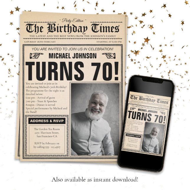 Old Newspaper Fun Photo Custom 70th Birthday Party Invitation (Creator Uploaded)
