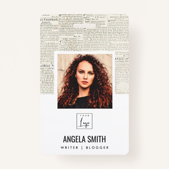 OLD NEWSPAPER TEXTURE EMPLOYEE PHOTO BARCODE NAME ID BADGE (Front)