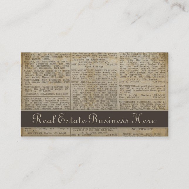 Old Newsprint Real Estate Business Card (Front)