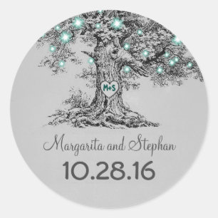 Old oak tree teal lights wedding stickers