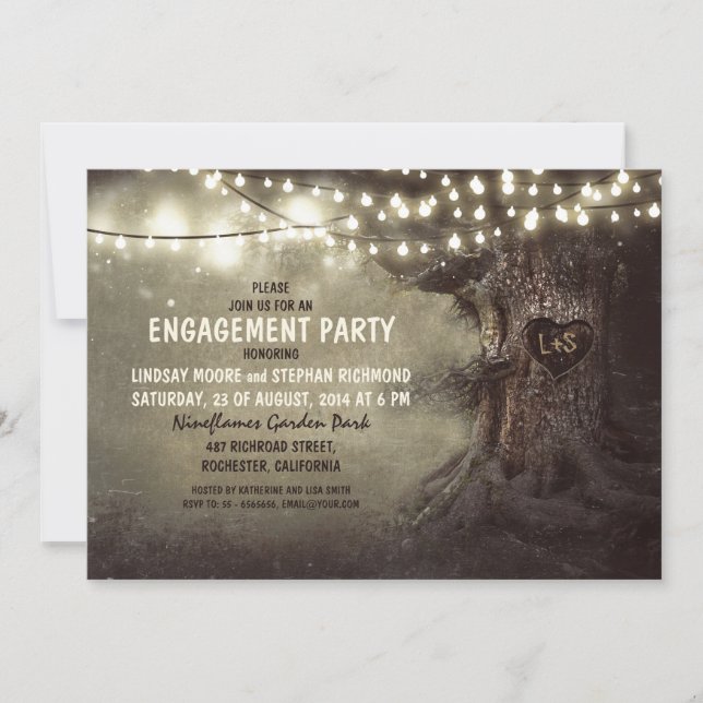 old oak tree twinkle lights engagement party invitation (Front)