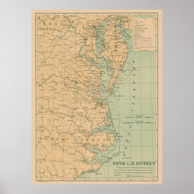 Old Outer Banks & Chesapeake Bay Lighthouse Map Poster (Front)