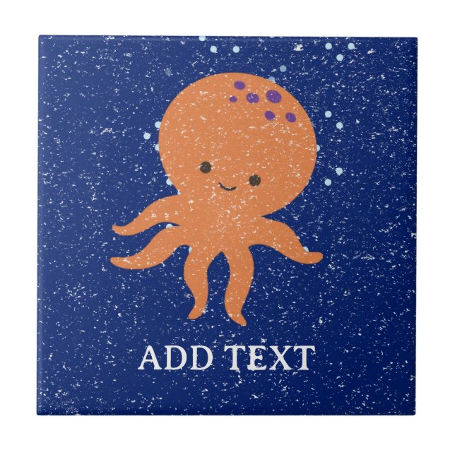 Old Paper Print Cute Octopus Cartoon Custom Name Ceramic Tile (Front)