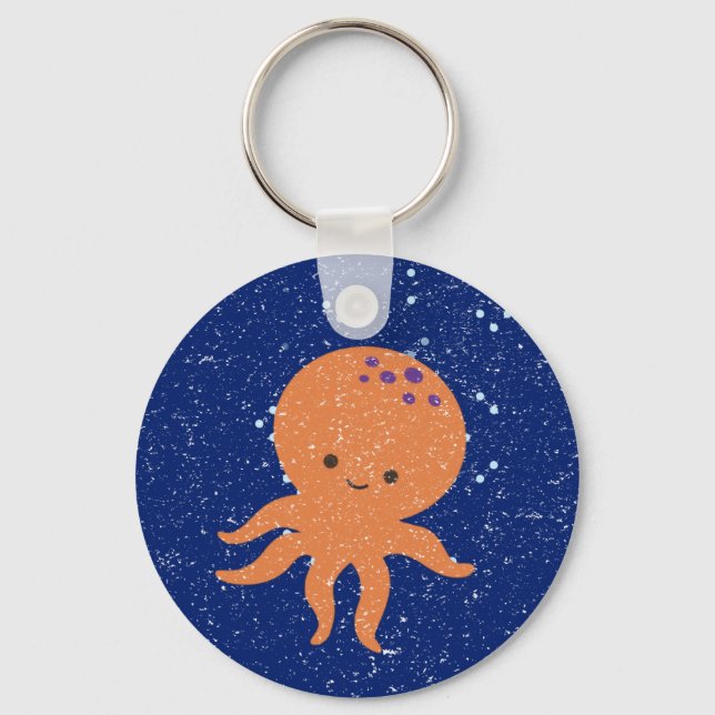 Old Paper Print Cute Octopus Cartoon Key Ring (Front)