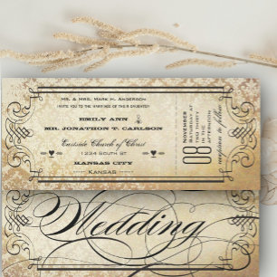 Old Paper Ticket Flourish Typography Wedding Invitation