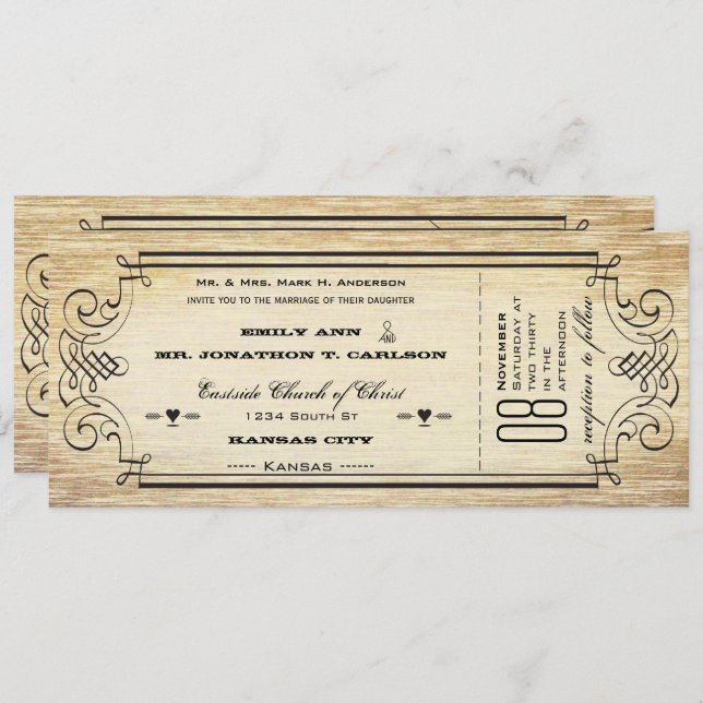 Old Paper Ticket Flourish Typography Wedding Invitation (Front/Back)