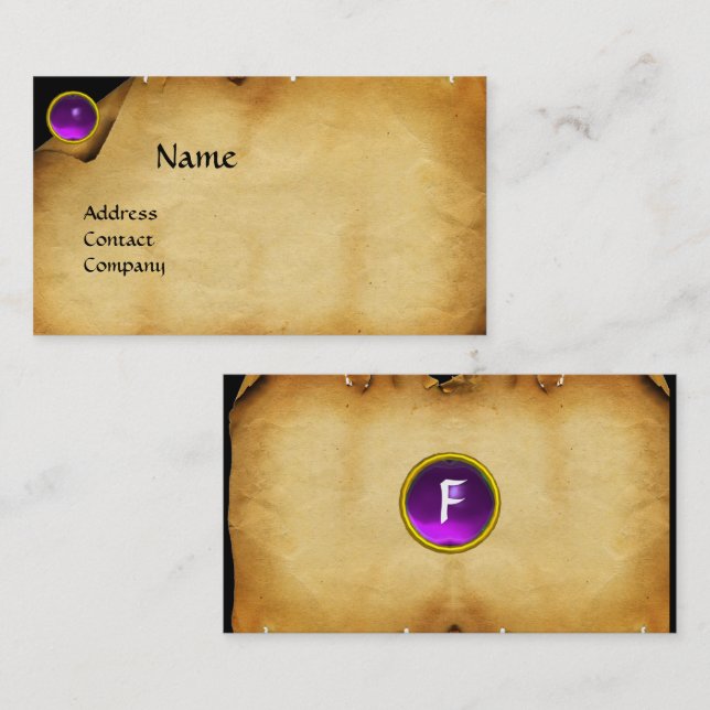 OLD PARCHMENT, GEM STONE, MONOGRAM purple Business Card (Front/Back)